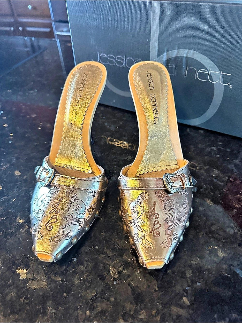 Jessica bennett Metallic Embroidered Buckle Heels